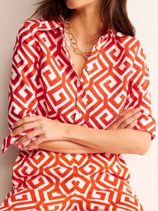 Boden Tops - Boden Linen Red Hampstead Button Down Long Sleeve Shirt Geometric Maze 12 NWT